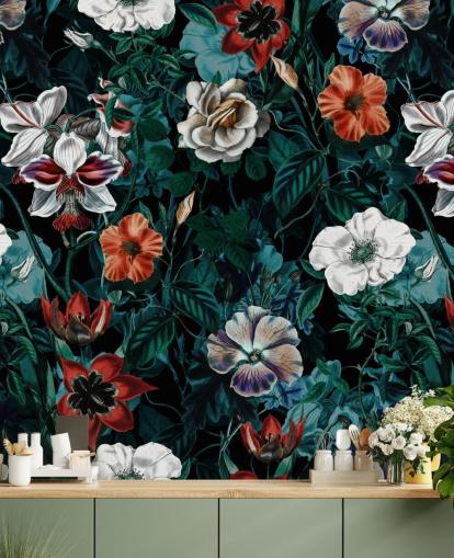 white and red flowers on green background wallpaper