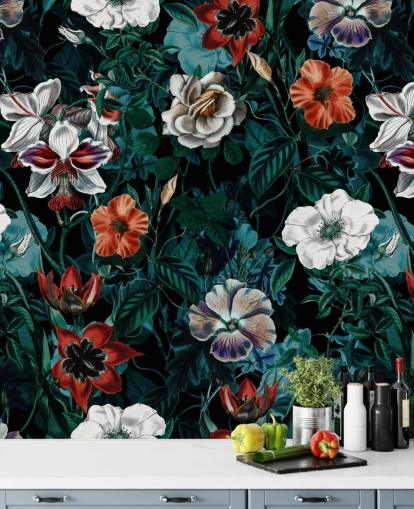 white and red flowers on green background wallpaper