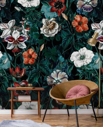 fleurs blanches et rouges sur fond vert papier peint