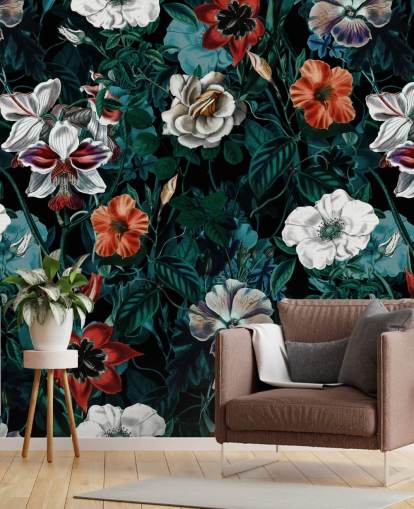 white and red flowers on green background wallpaper