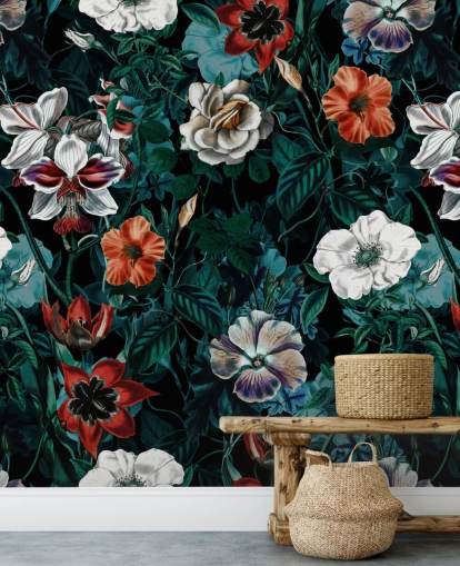 fleurs blanches et rouges sur fond vert papier peint