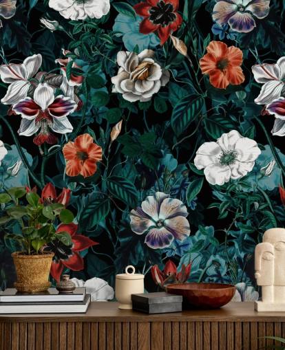 white and red flowers on green background wallpaper