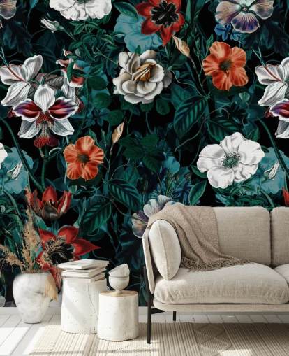 white and red flowers on green background wallpaper