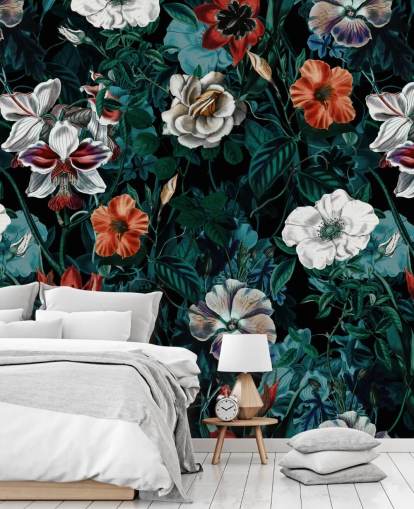 white and red flowers on green background wallpaper