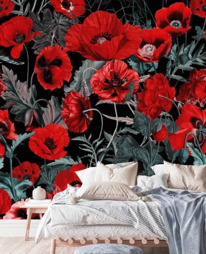 donkerrood papavers behang
