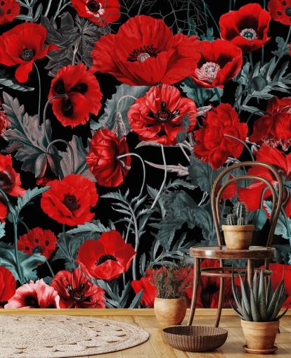 papier peint coquelicots rouge foncé
