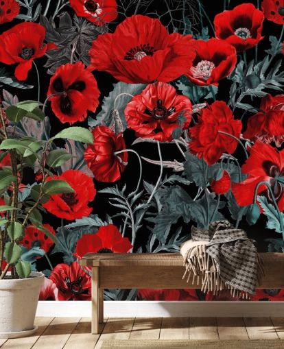 papier peint coquelicots rouge foncé