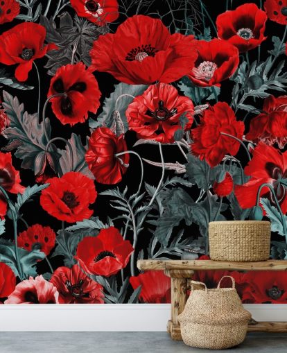 donkerrood papavers behang