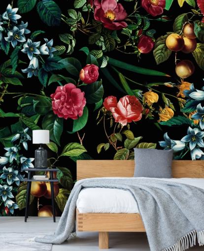 papier peint floral foncé avec des feuilles vertes