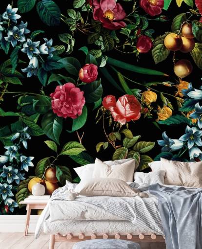 dark floral wallpaper with green leaves