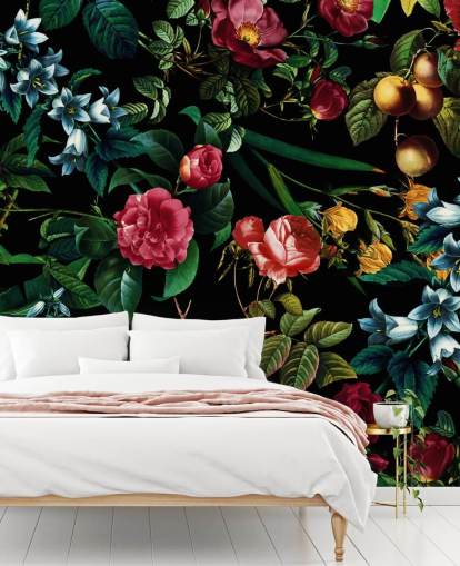 dark floral wallpaper with green leaves