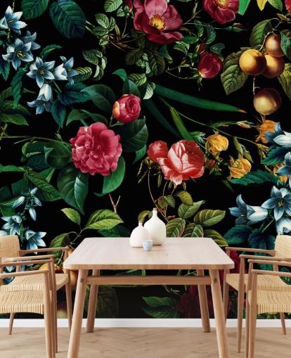 papier peint floral foncé avec des feuilles vertes