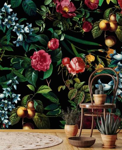 donker bloemenbehang met groene bladeren