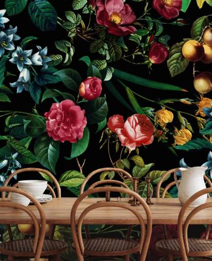 papier peint floral foncé avec des feuilles vertes