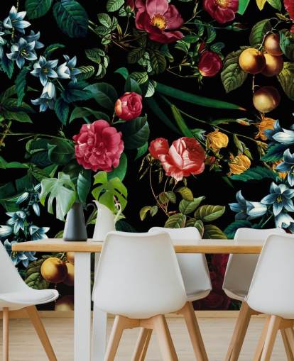 dunkle Blumentapete mit grünen Blättern dunkle Blumentapete mit grünen Blättern