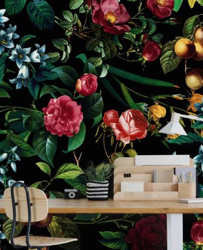 papier peint floral foncé avec des feuilles vertes