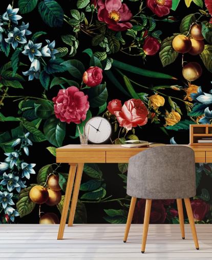 dark floral wallpaper with green leaves
