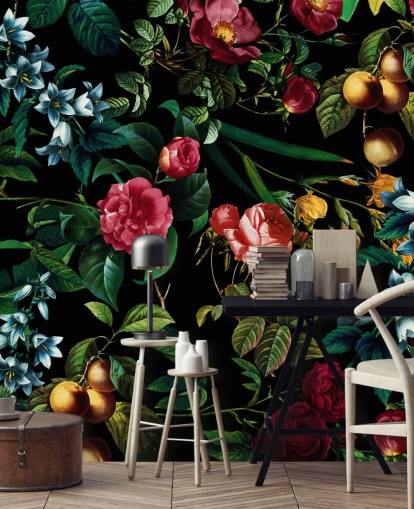 papier peint floral foncé avec des feuilles vertes