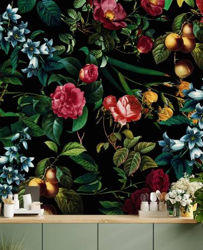 mörk blommig tapet med gröna blad mörk blommig tapet med gröna blad