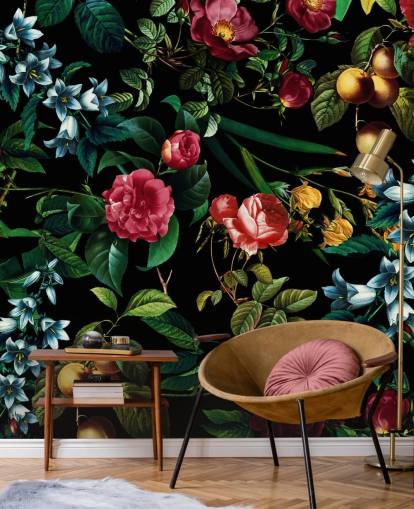 dark floral wallpaper with green leaves