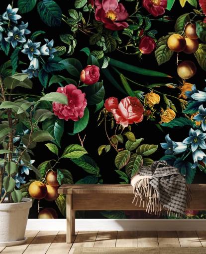 dark floral wallpaper with green leaves