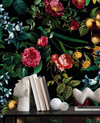 dark floral wallpaper with green leaves