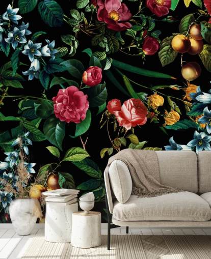 dark floral wallpaper with green leaves