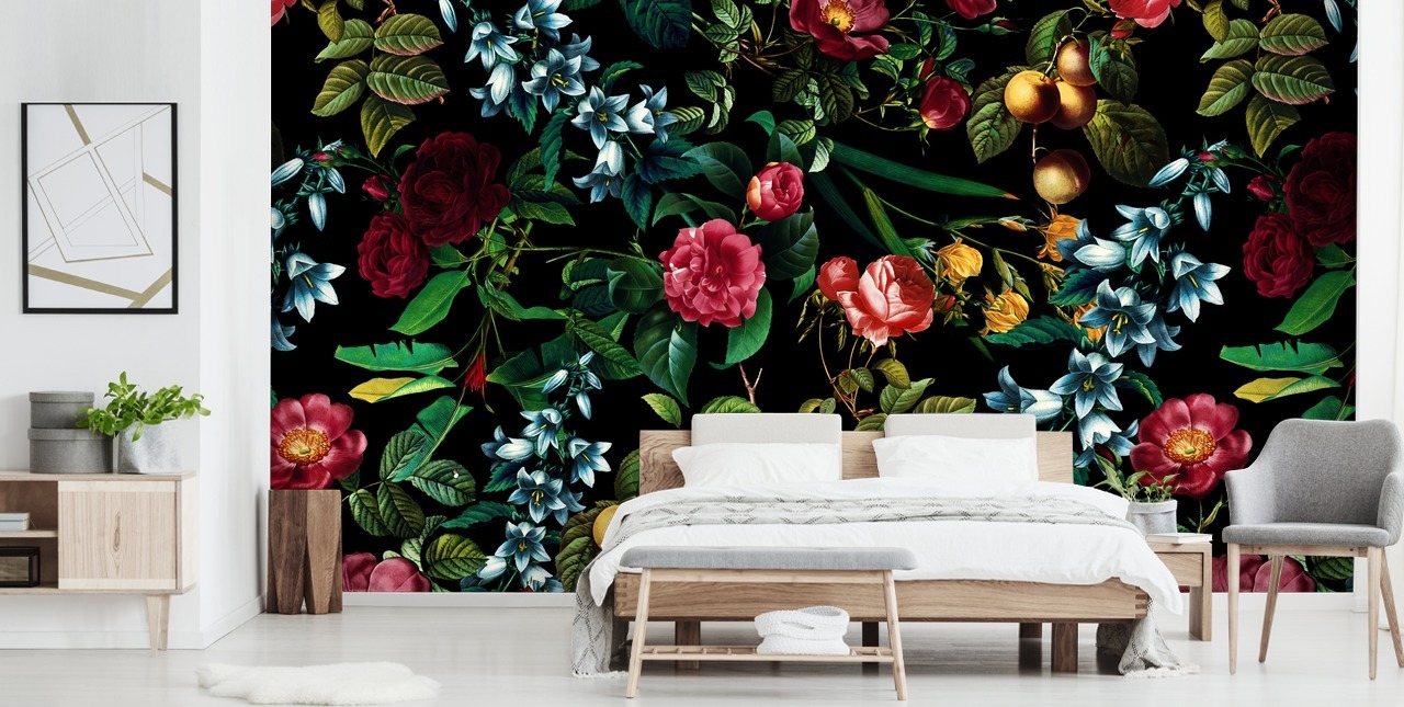 papel pintado floral oscuro con hojas verdes