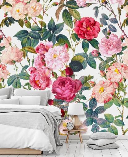 papel pintado de rosas y hojas