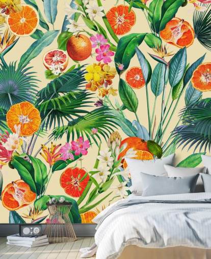 oranges and palm leaves wallpaper