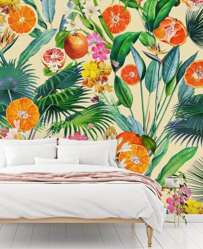 oranges and palm leaves wallpaper