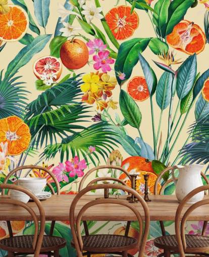 papel pintado naranjas y hojas de palma