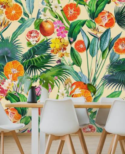 papel pintado naranjas y hojas de palma