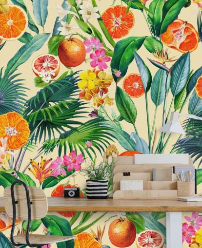 oranges and palm leaves wallpaper