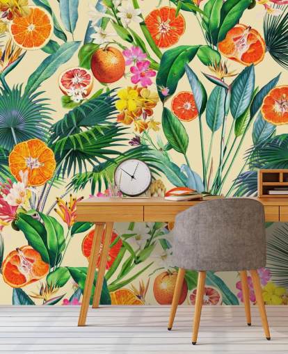 sinaasappels en palmbladeren behang