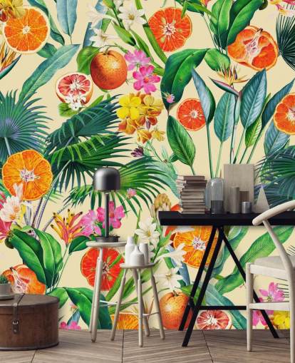 oranges and palm leaves wallpaper