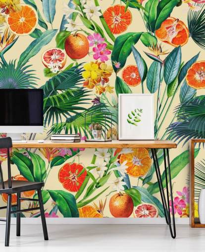 papel pintado naranjas y hojas de palma