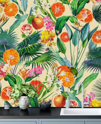 Orangen und Palmblätter Tapete