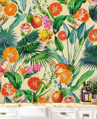 papel pintado naranjas y hojas de palma