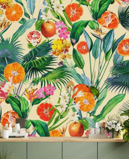 oranges and palm leaves wallpaper