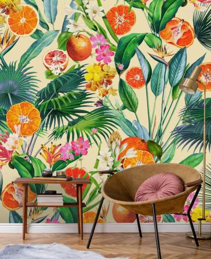 oranges and palm leaves wallpaper