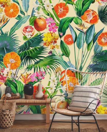 papier peint oranges et feuilles de palmier