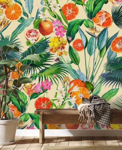 papel pintado naranjas y hojas de palma