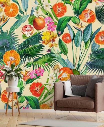 papier peint oranges et feuilles de palmier