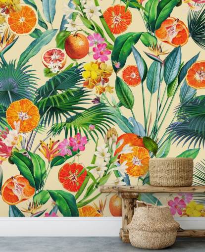 oranges and palm leaves wallpaper