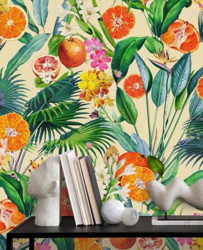 oranges and palm leaves wallpaper