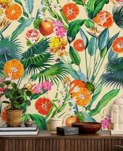 papier peint oranges et feuilles de palmier