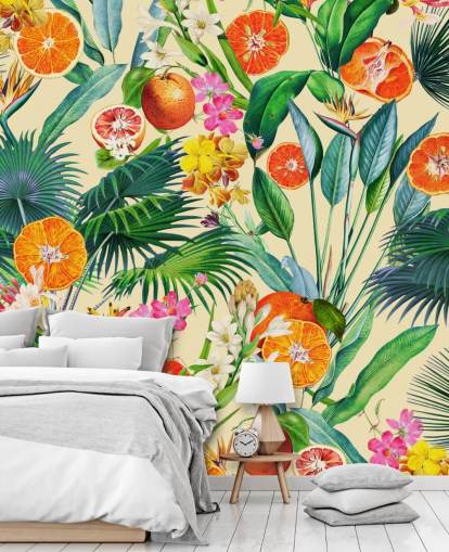 sinaasappels en palmbladeren behang