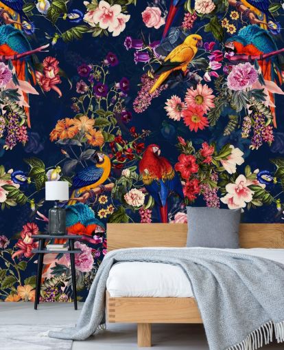 papel de parede de flores e pássaros tropicais