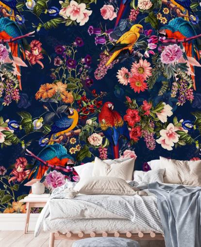 carta da parati con fiori tropicali e uccelli